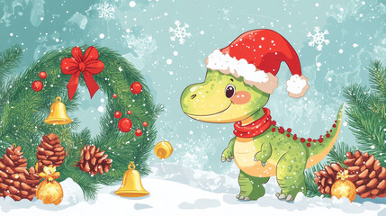 Christmas dinosaur greetings for winter holiday, cartoon funny lizard in Santa hat, vector banner. Dinosaur Santa with Christmas wreath, golden bell with ribbon, pine or fir tree cones and snowflakes