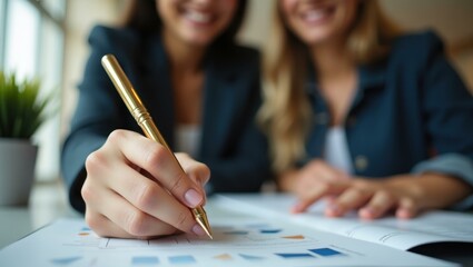Two women are sitting at table with papers and pen
