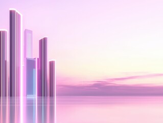 Fototapeta premium A futuristic 3D cityscape glowing with radiant skyscrapers and flying vehicles, illuminated by holographic billboards and neon pathways under a vivid purple and blue sky