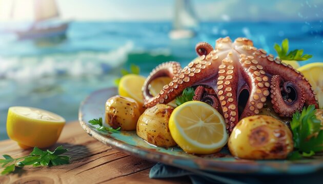 Un intero polpo alla griglia con patate novelle al forno, prezzemolo fresco e salsa al limone, servito su un piatto rustico in ceramica, su uno sfondo del mare