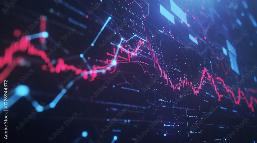 Poster abstract financial data visualization showing downward trend on digital interface