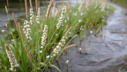 White wildflowers and grasses beside a flowing stream