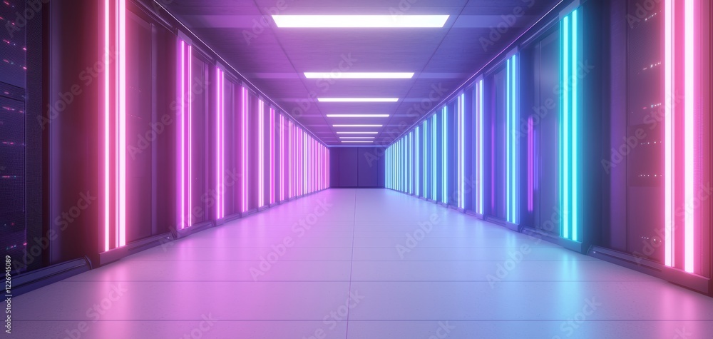 Poster a futuristic data hub with glowing digital nodes and neon connections, symbolizing a high-tech netwo