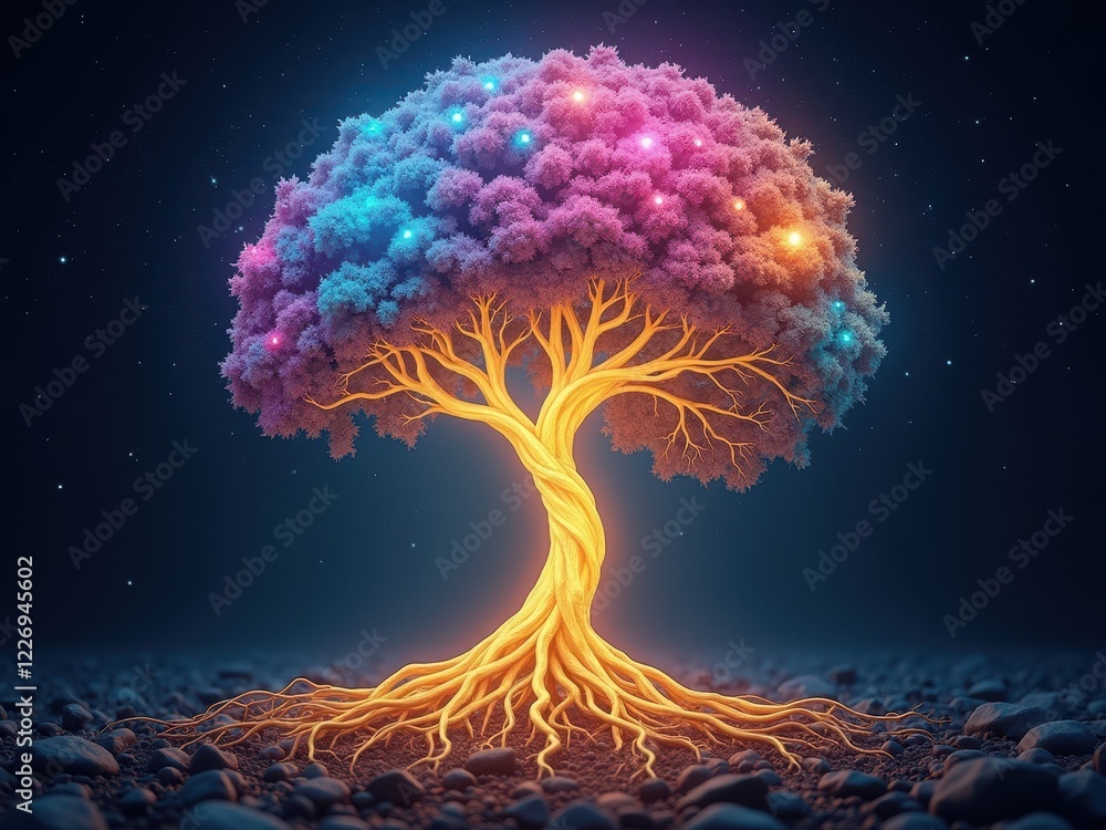 Poster representation of a brain as a glowing tree with vibrant colors and intricate roots, symbolizing the