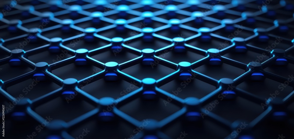 Poster a futuristic glowing network grid with interconnected nodes, floating in a dark void, symbolizing di