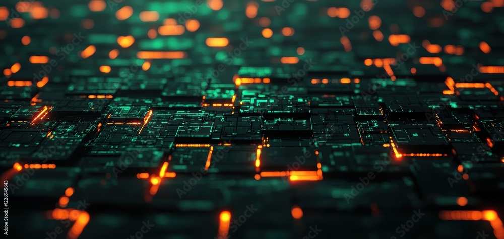 Poster a futuristic glowing network grid with interconnected nodes, floating in a dark void, symbolizing di
