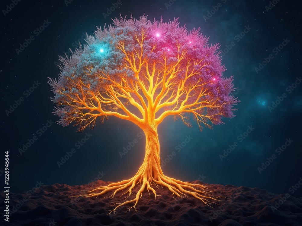 Poster representation of the brain as a vibrant tree with colorful roots in a dark cosmic environment refle