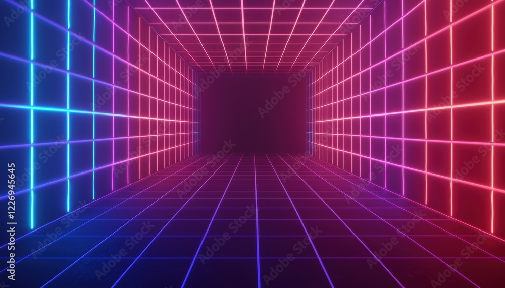 Poster a futuristic glowing network grid with interconnected nodes, floating in a dark void, symbolizing di