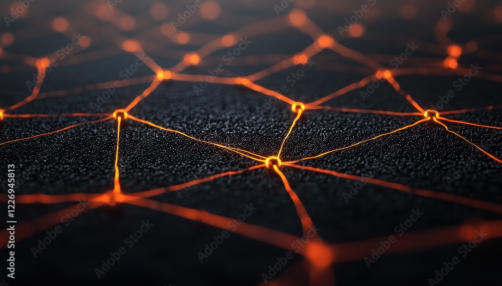 Poster a futuristic holographic data network glowing with interconnected nodes and neon pathways, floating 