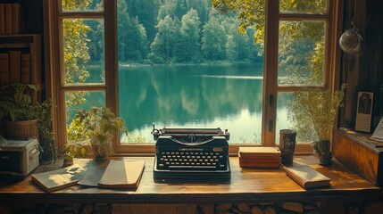Black vintage typewriter on wooden desk with lake and greenery view through window.
