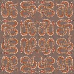 Seamless grunge pattern made of ocher brown snakes. Repeated tile ornament. Wrapping paper and stationery design. Mocha trending colors. Textured illustration wall paper