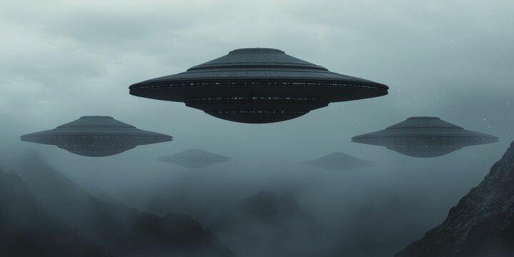 A dark, atmospheric scene depicting multiple UFOs hovering above a misty landscape, evoking a sense of mystery and intrigue.
