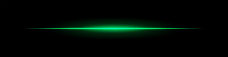 Horizontal light flare with cold glow on a black background. Green energy beam with smooth gradient effect, cinematic lens reflection, futuristic shine. © Кирилл Макаров