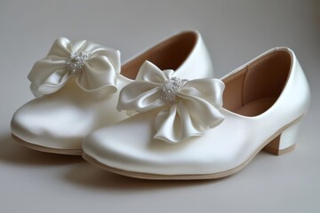 Elegant white satin shoes with bows and pearl embellishments for a special occasion