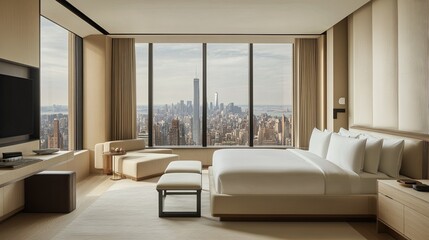 A minimalist hotel room with floor-to-ceiling windows and neutral-toned decor. picture