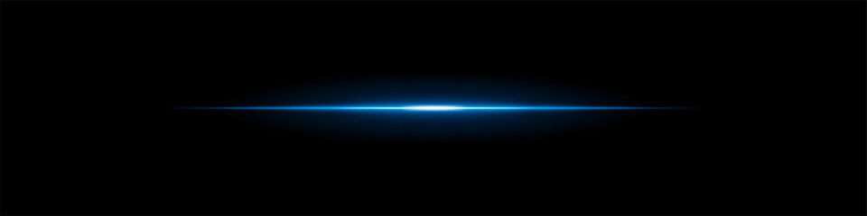 Horizontal light flare on a black background. Glowing blue beam with soft gradient effect, futuristic energy, lens reflection, cinematic glow.