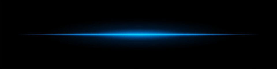 Horizontal light flare with cold glow on a black background. Blue energy beam with smooth gradient effect, cinematic lens reflection, futuristic shine.