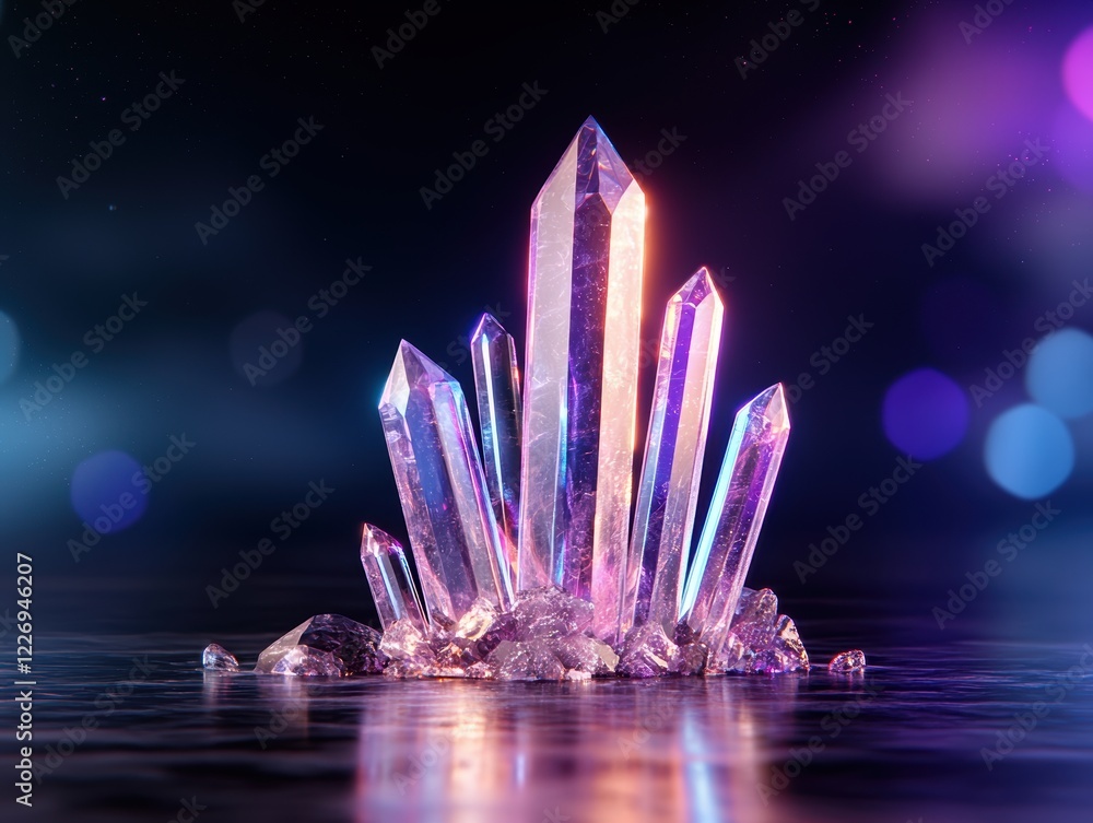 Poster a glowing crystalline structure floating in a misty void, surrounded by dynamic light trails and sca