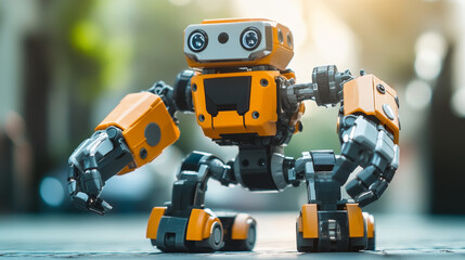 Mechanical robot smart kids plastic metal toy, remote control drone isolated. Vector automation with arms to load objects, artificial intelligence cyborg. Cyber with spanner modern technologies helper