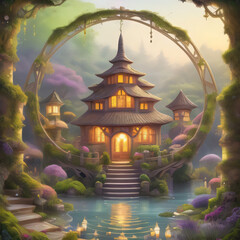 Obraz premium Traditional Asian pavilion and temple at night with ancient architecture and a peaceful garden setting