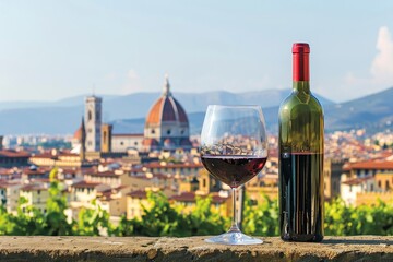 Bicchiere di vino rosso con una bottiglia su un tavolo rustico. Sullo sfondo il Duomo di Firenze e la sua iconica cupola