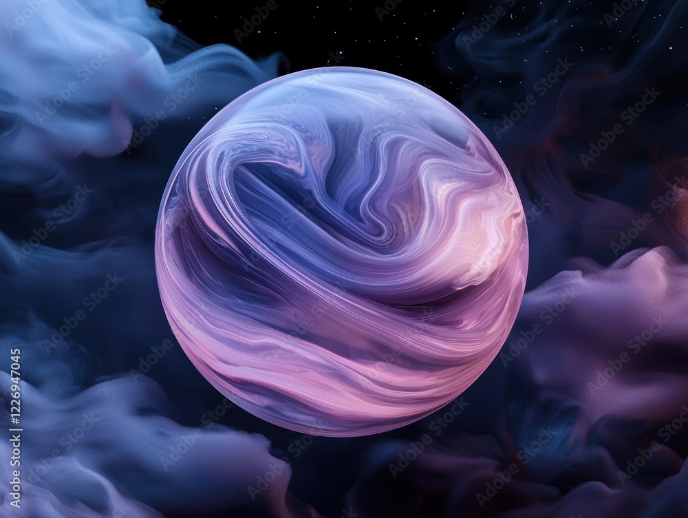 Poster a glowing translucent orb filled with swirling radiant patterns, floating in a surreal dark space su