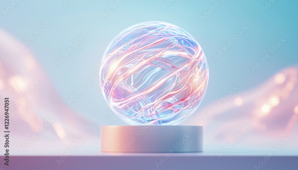 Poster a glowing translucent orb filled with swirling radiant patterns, floating in a surreal dark space su