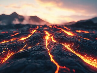 A highly detailed 3D rendering of glowing molten lava flowing through jagged black volcanic rocks, with steam and smoke rising under a dramatic sky