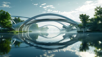 A futuristic bridge with curved steel beams spanning over a calm river.