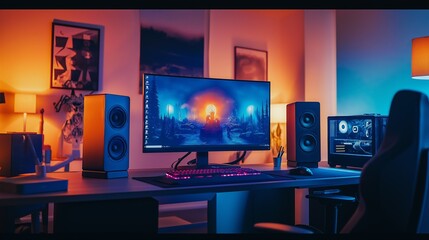 Fototapeta premium Cozy Gaming Workspace with Curved Display and RGB Lighting in Warm Tones
