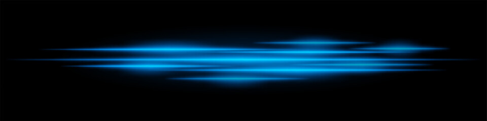 Realistic Blue light streaks with motion blur on a black background. Futuristic energy beams, speed effect, neon glow, sci-fi cyber design.