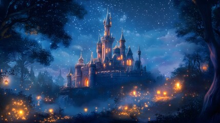 Fototapeta premium Fairy tale castle illuminated at night, enchanting architecture surrounded by mystic forest, perfect for fantasy themes.