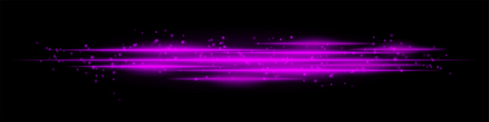 Realistic purple light streaks with glowing particles on a black background. Futuristic energy beams, motion blur, neon glow, sci-fi speed effect.