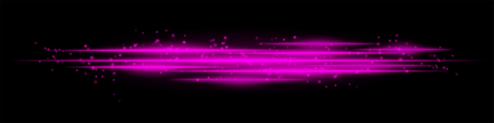 Realistic purple light streaks with glowing particles on a black background. Futuristic energy beams, motion blur, neon glow, sci-fi speed effect.