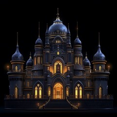 Fototapeta premium Beautiful and magnificent 3D cartoon palace, on a black background, generative AI