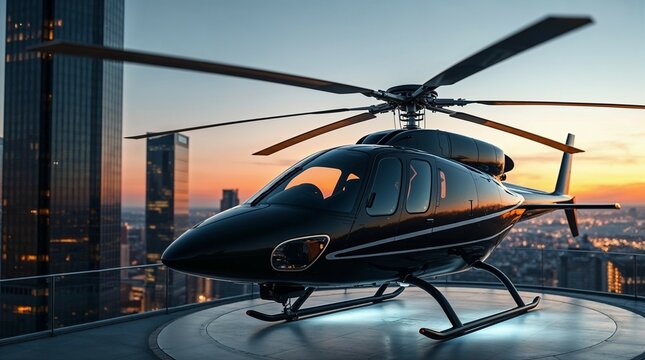 Black helicopter on rooftop at sunset