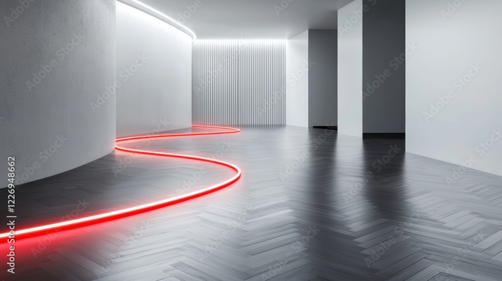 Poster a reflective metallic surface with glowing light trails streaming across in bold neon colors, creati