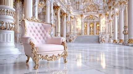 Luxurious Palace Interior with an Elegant Pink Velvet Armchair, Ornate Golden Details, Grand Staircase, High Ceilings, Massive Crystal Chandeliers.Prestige. Timeless Beauty. High-end interior design, 