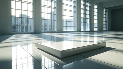 Obraz premium Minimalist Modern Room with Platform and Large Windows