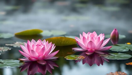 Two Pink Water Lilies Bloom Serenely in a Misty Pond