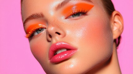 Naklejka premium bright orange eyeliner with sharp cat-eye paired with bold fuchsia lipstick and glowing highlighter