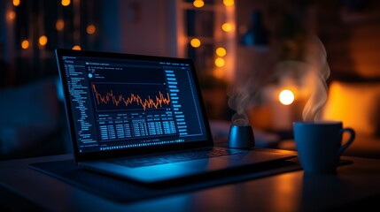 Data Analytics on Laptop with Coffee and Warm Lighting in Home Office
