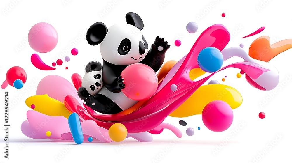 Poster playful pandas in a colorful paint splash