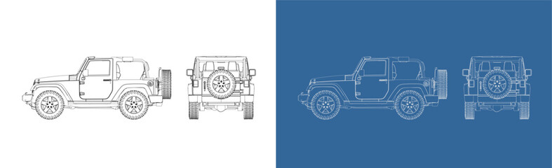 offroad cabriolet convertible car technical line drawing blueprint from side and rear view. SUV car outline isolated on transparent background  © WINDERFULL STUDIO
