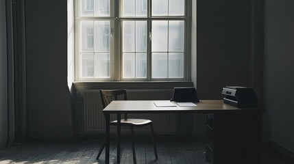 A minimalist workspace in a studio apartment with a wooden table and a single chair. picture