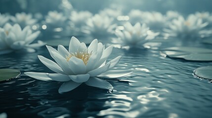 Serene white water lilies bloom in tranquil pond,  background bokeh, spa poster