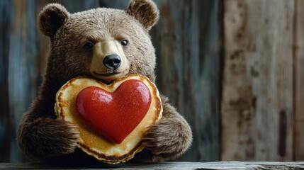A bear is holding a heart-shaped pancake in its mouth. Concept of warmth and love, as the bear is holding a sweet treat that is often associated with special occasions and celebrations