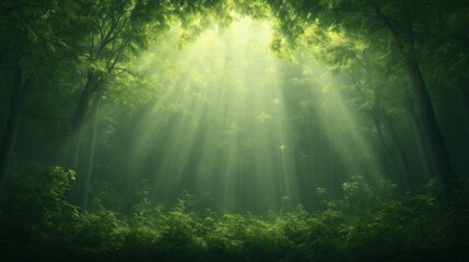 Fototapeta premium A forest with sunlight shining through the trees