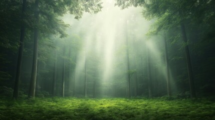 Fototapeta premium A forest with sunlight shining through the trees