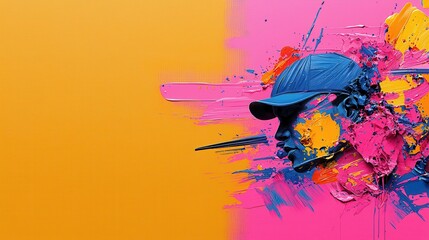 A vibrant artistic composition featuring a figure in a blue cap, surrounded by splashes of pink, yellow, and orange paint, creating a dynamic visual effect.